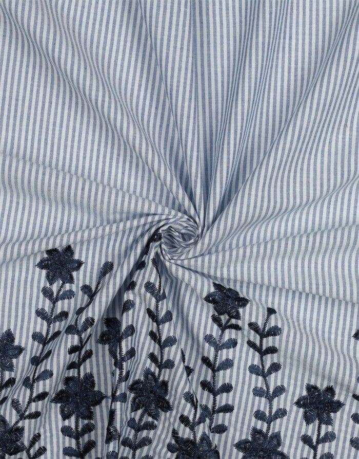Remnant 1.75m - Cotton Pin Stripe Embroidered 2-Sided Border Fabric