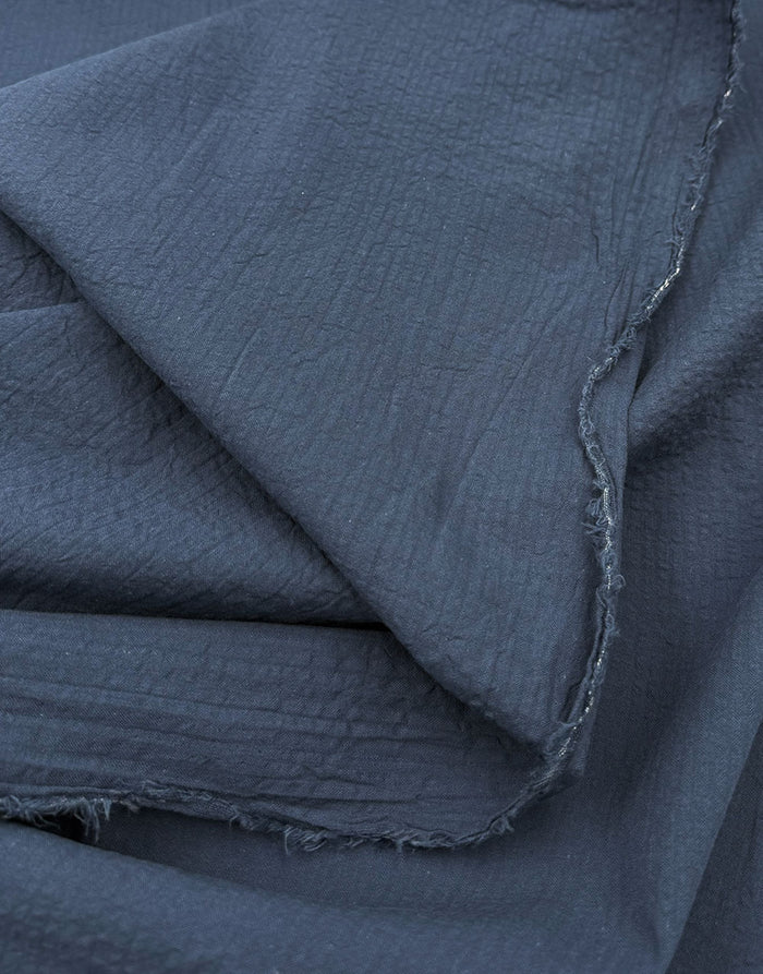 Remnant 1.7m - Denim Blue Seersucker Stripe Cotton Fabric