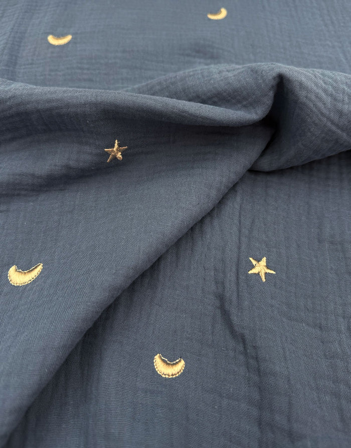 Remnant 1.95m - Blue Moonlight Embroidered Cotton Double Gauze Fabric