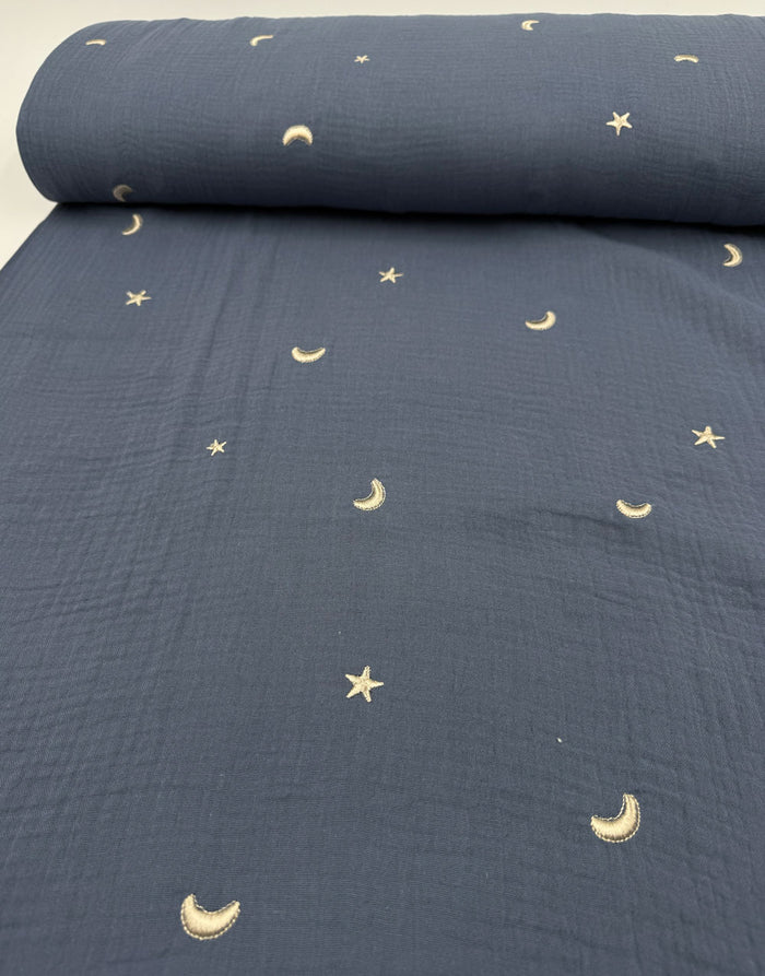Remnant 1.95m - Blue Moonlight Embroidered Cotton Double Gauze Fabric