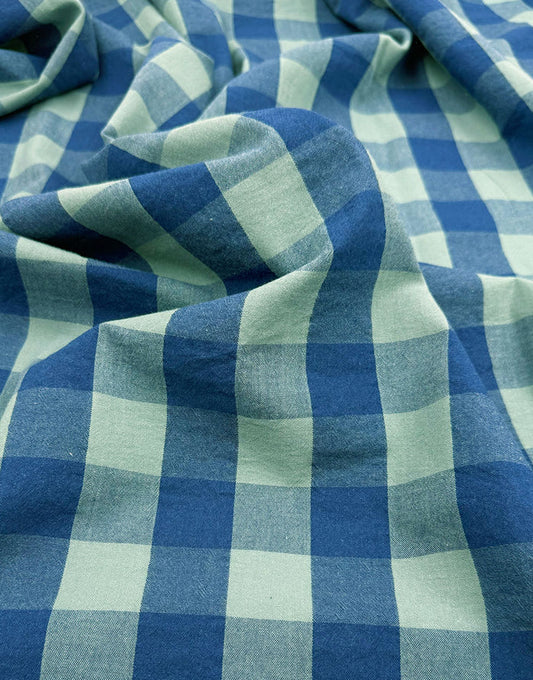 Remnant 1m - Blue Lagoon Large Check Yarn-Dyed Cotton Fabric