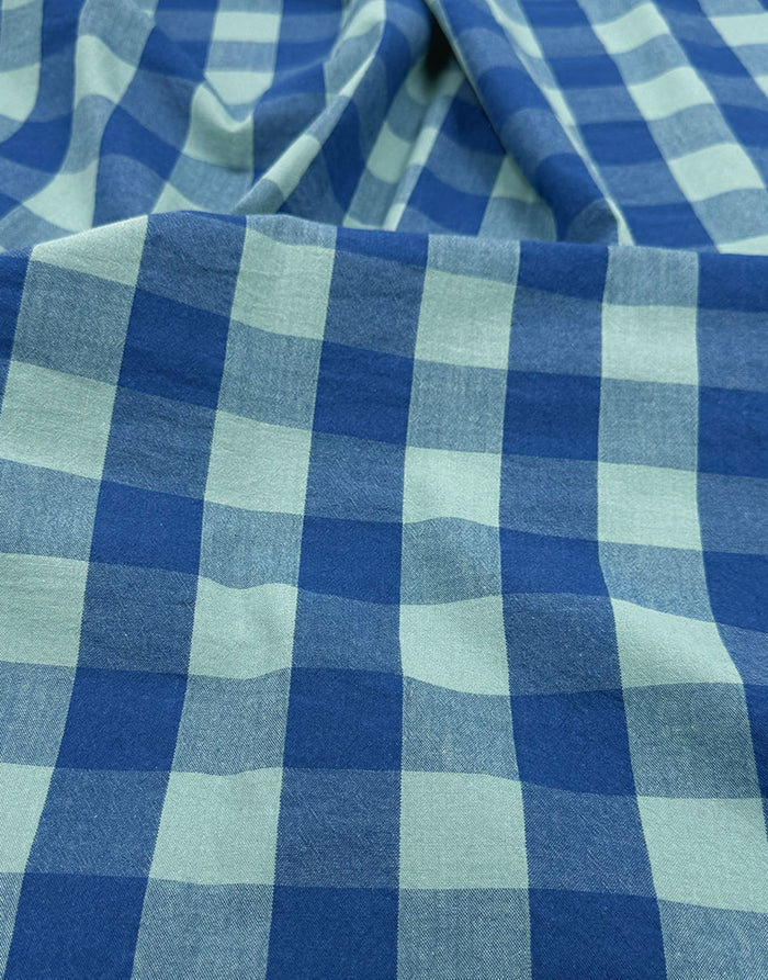 Remnant 1m - Blue Lagoon Large Check Yarn-Dyed Cotton Fabric
