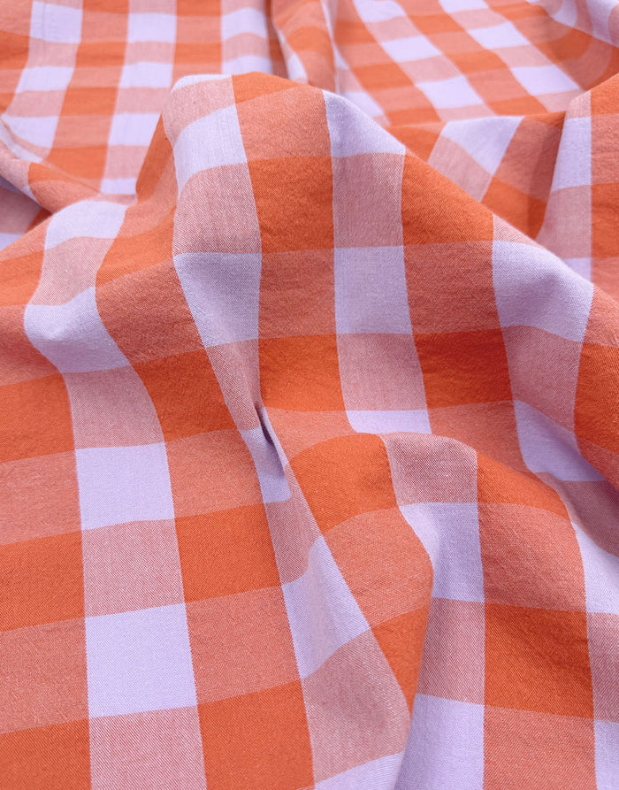 Remnant 1m - Coral Sorbet Large Check Yarn-Dyed Cotton Fabric