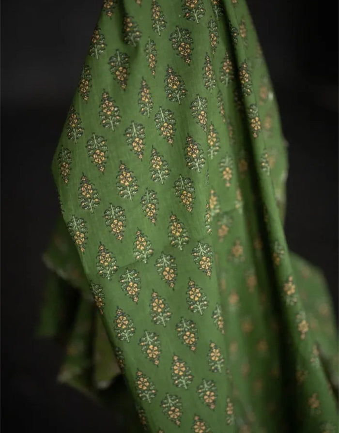 Remnant 1m - Green Morris Indian Block Print Cotton Fabric
