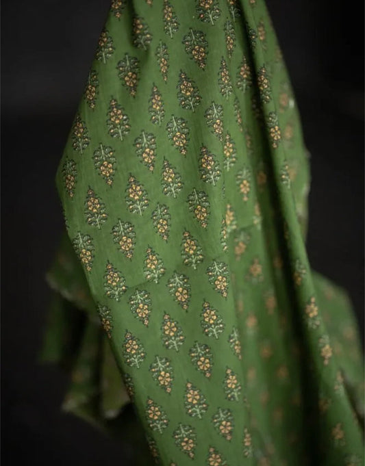 Remnant 1m - Green Morris Indian Block Print Cotton Fabric