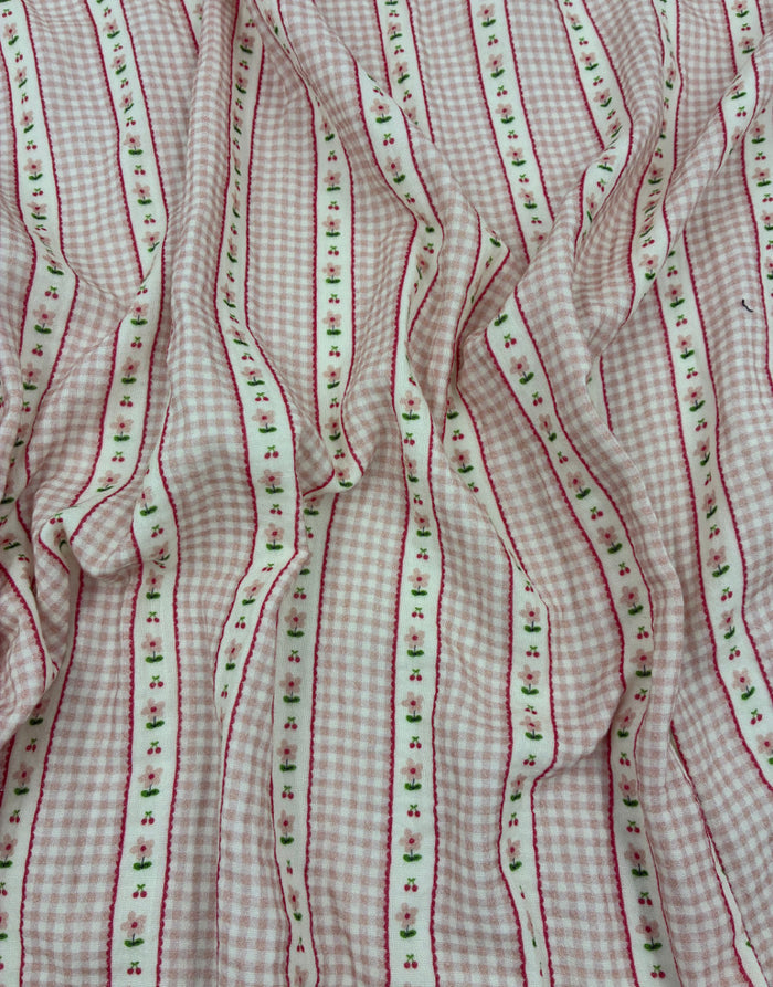 Remnant 1m - Soft Pink Cherry Blossom Stripe Double Gauze Fabric