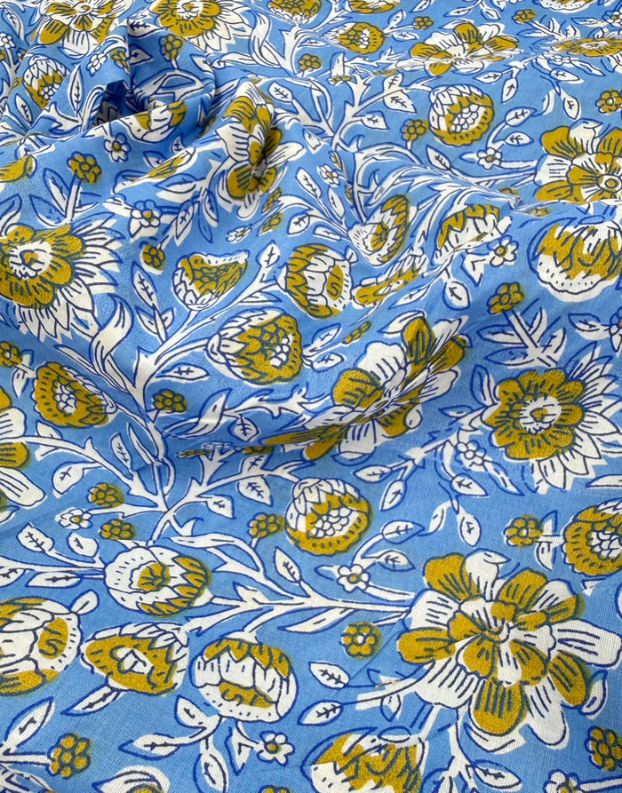 Remnant 2.6m - Blue & Ochre Floral, Indian Block Print Cotton Fabric