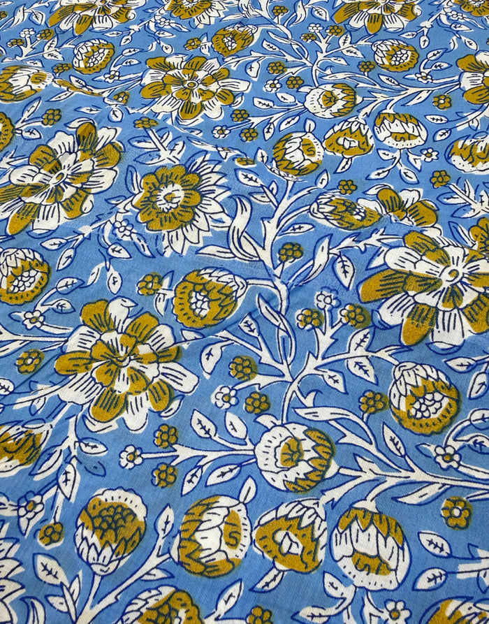 Remnant 2.6m - Blue & Ochre Floral, Indian Block Print Cotton Fabric