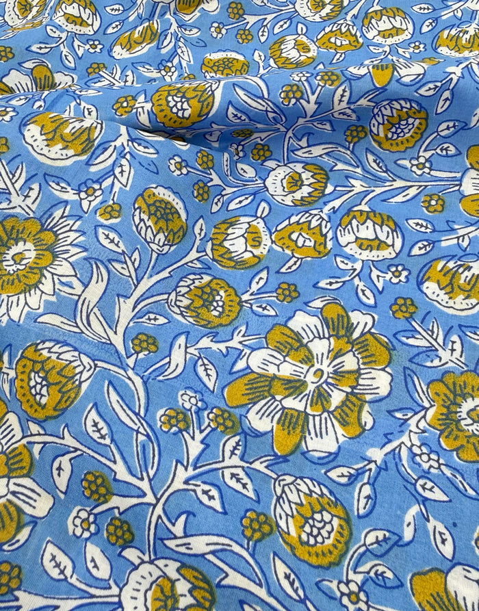 Remnant 2.6m - Blue & Ochre Floral, Indian Block Print Cotton Fabric