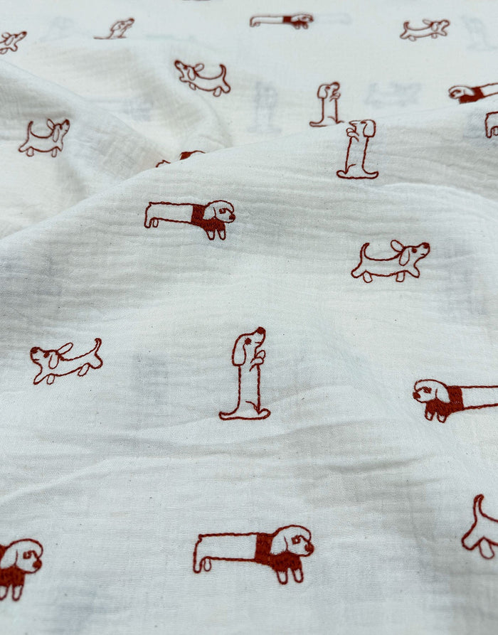 Remnant 45cm - Sausage Dog Parade Embroidered Double Gauze Fabric