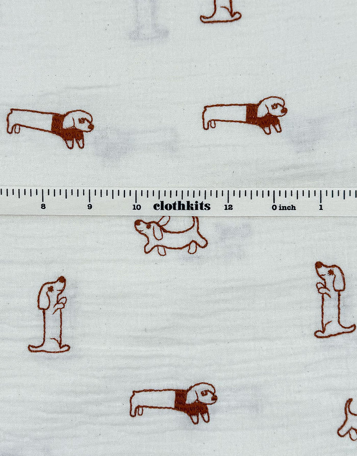 Remnant 45cm - Sausage Dog Parade Embroidered Double Gauze Fabric