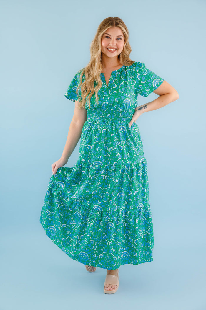 Classic Poplin Maxi Dress- Women's Green Print Maxi- SugarLips Cotton Maxi Dress
