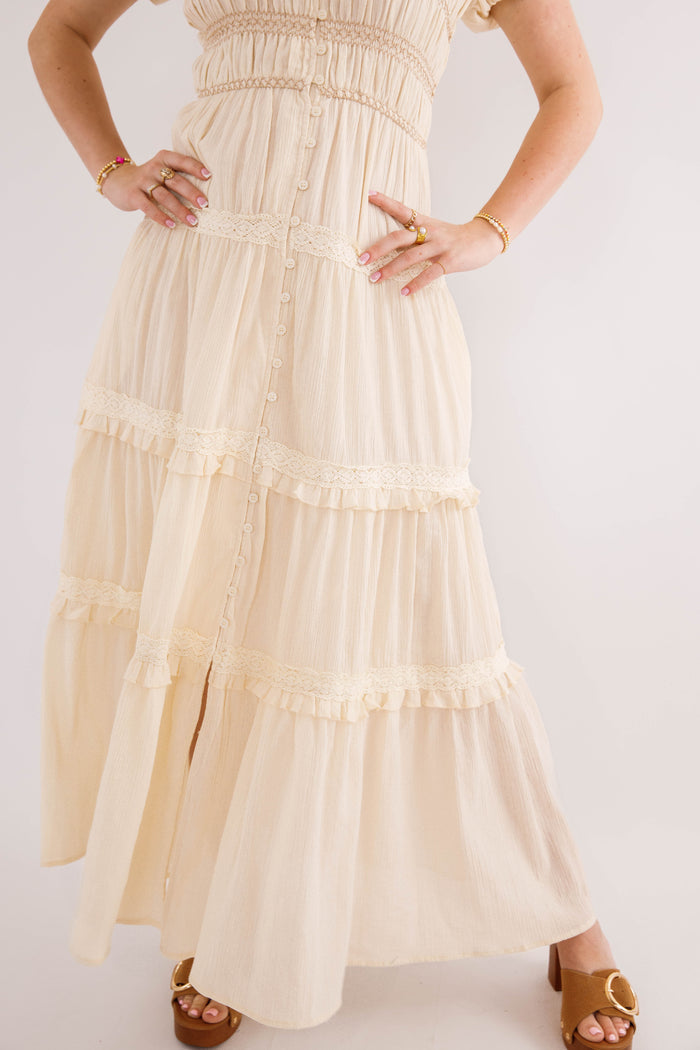 Cream Smocked Tiered Maxi Dress with Puff Sleeves- Cream Boho Maxi Dress- In Loom Cotton Boho Dress