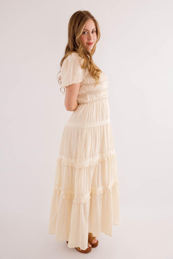 Cream Smocked Tiered Maxi Dress with Puff Sleeves- Cream Boho Maxi Dress- In Loom Cotton Boho Dress