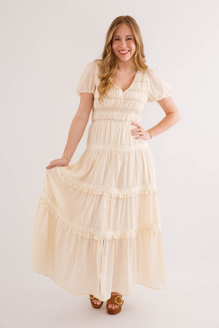 Cream Smocked Tiered Maxi Dress with Puff Sleeves- Cream Boho Maxi Dress- In Loom Cotton Boho Dress
