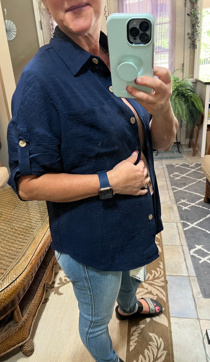 Roll-Tab Sleeve Shirt with Pockets Navy