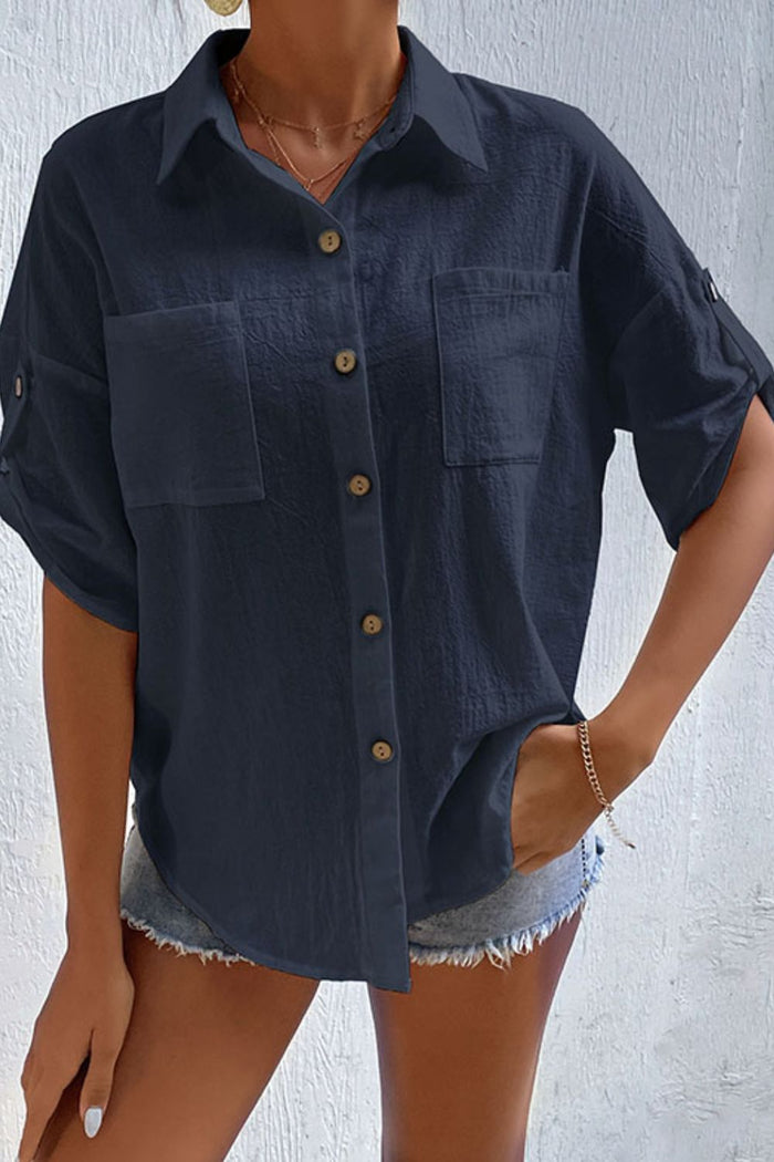 Roll-Tab Sleeve Shirt with Pockets Navy