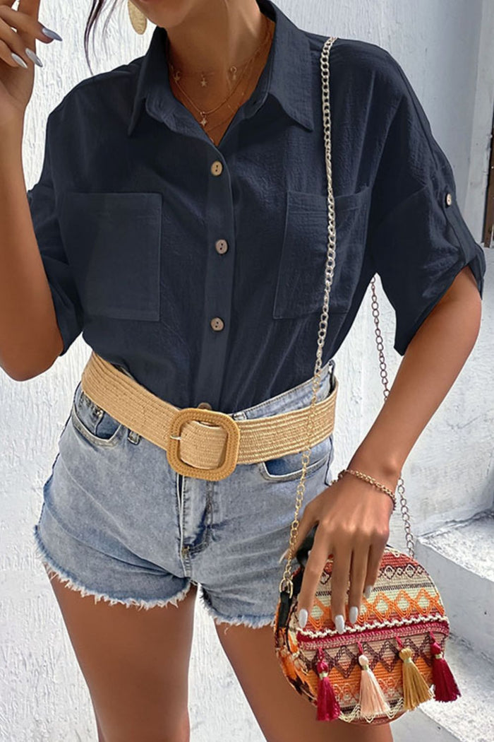 Roll-Tab Sleeve Shirt with Pockets Navy