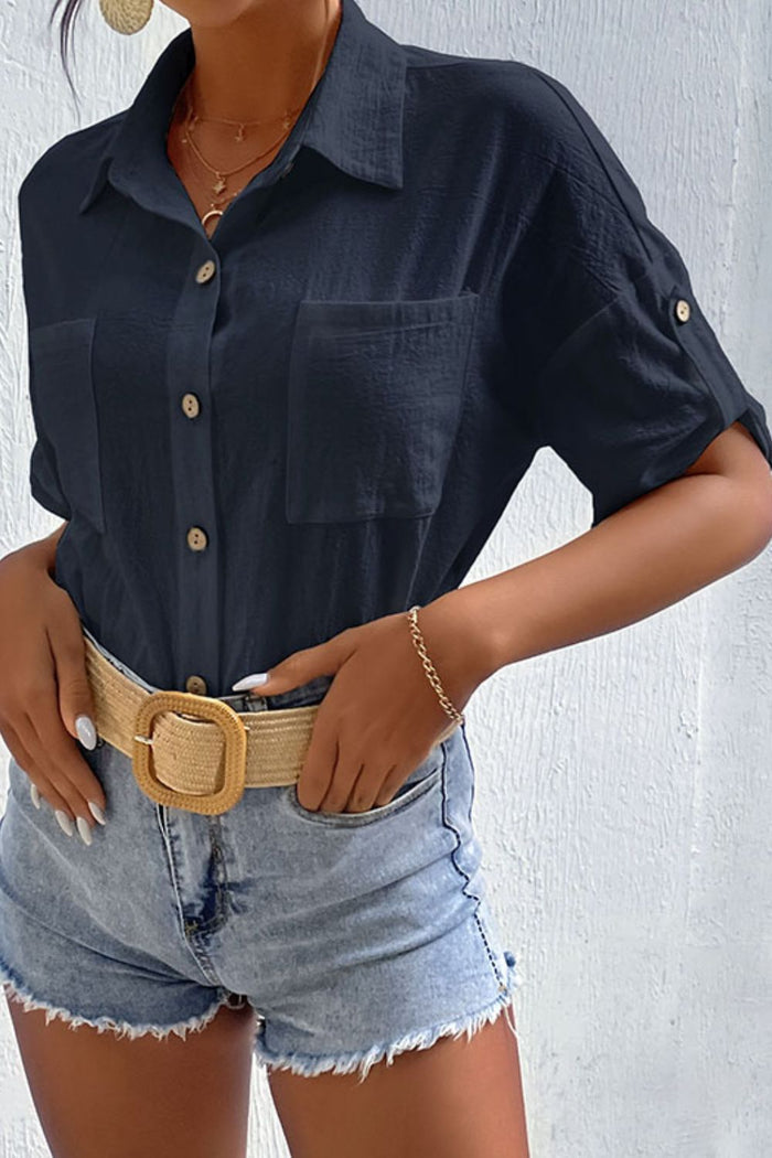 Roll-Tab Sleeve Shirt with Pockets Navy