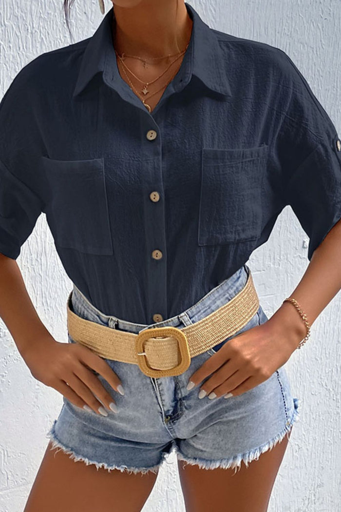 Roll-Tab Sleeve Shirt with Pockets Navy