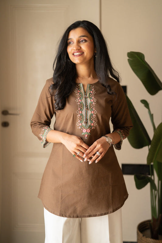 Roma Embroidered Cotton Top- Brown
