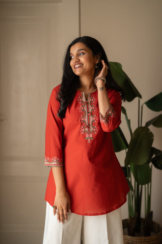 Roma Embroidered Cotton Top- Rust
