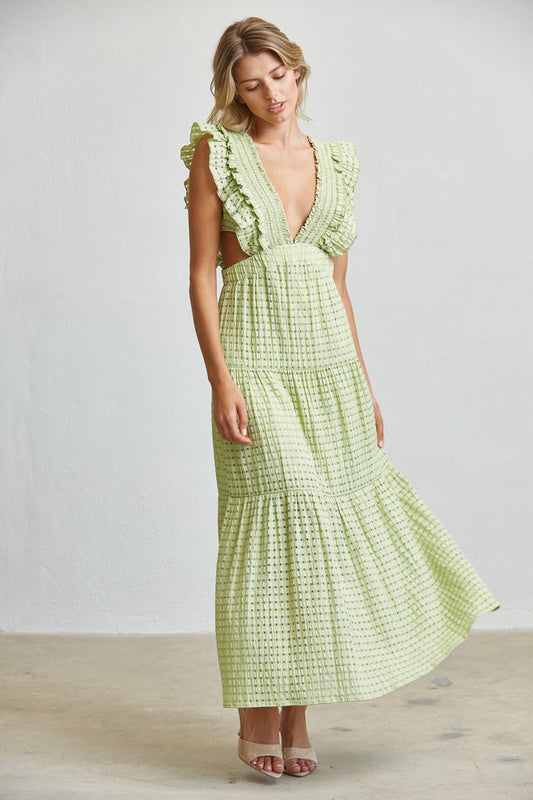 Romantic Textured Ruffle Sleeve Cut-Out Maxi Dress