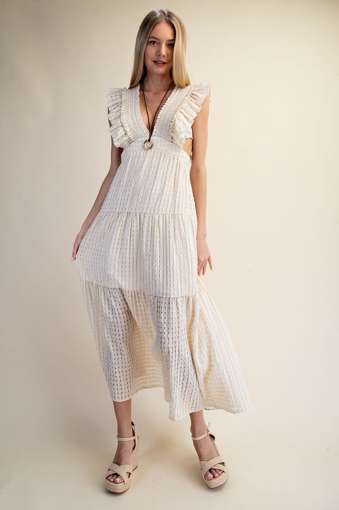 Romantic Textured Ruffle Sleeve Cut-Out Maxi Dress