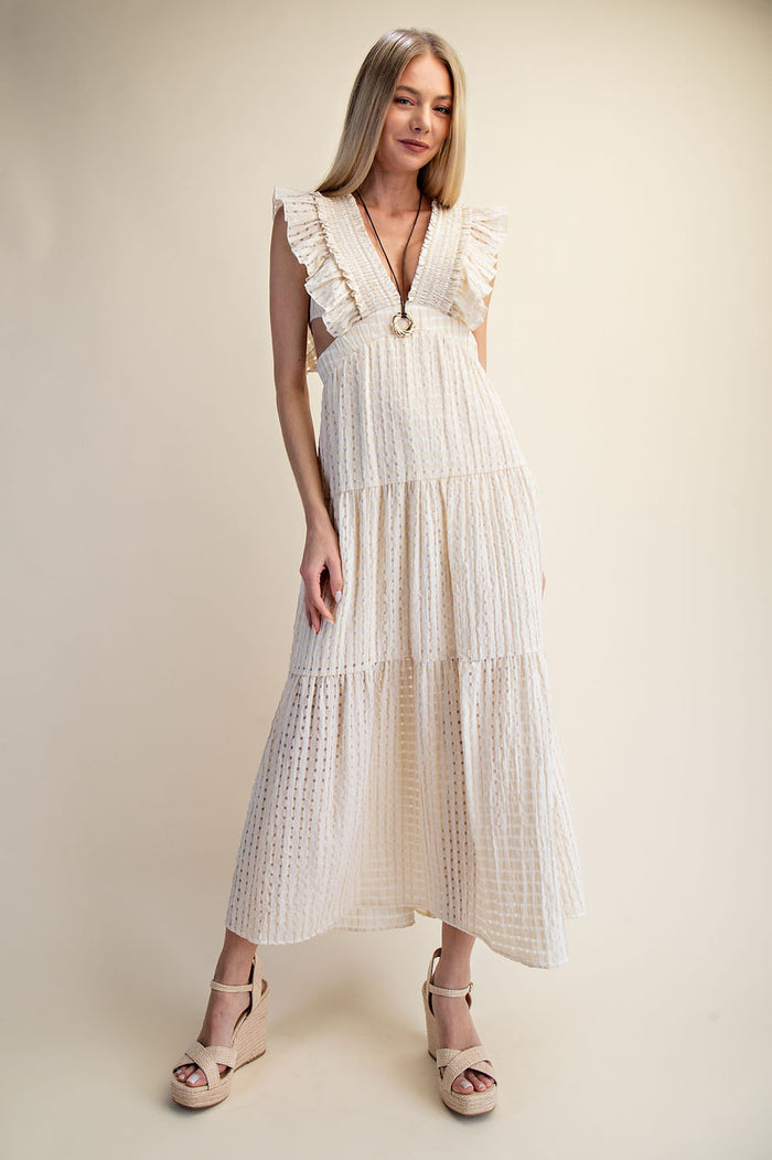 Romantic Textured Ruffle Sleeve Cut-Out Maxi Dress