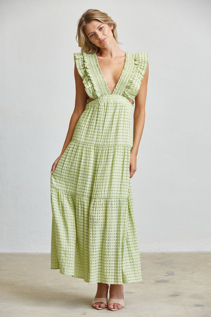 Romantic Textured Ruffle Sleeve Cut-Out Maxi Dress