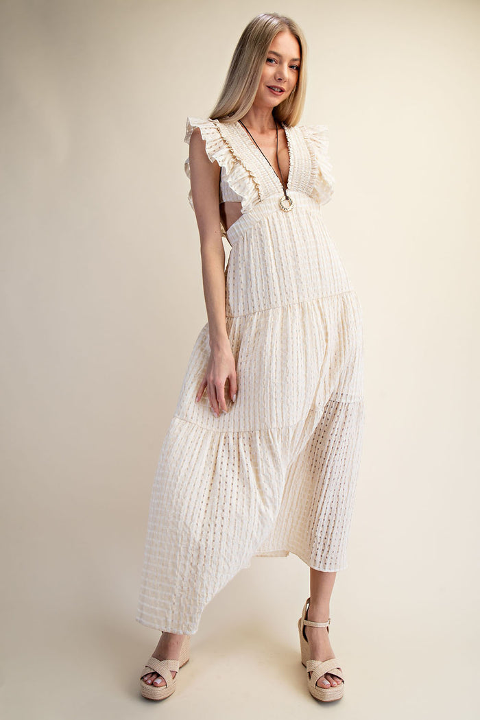 Romantic Textured Ruffle Sleeve Cut-Out Maxi Dress