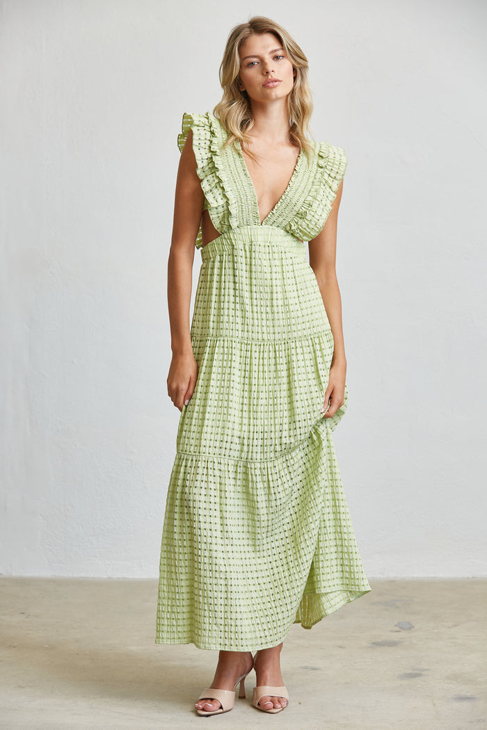 Romantic Textured Ruffle Sleeve Cut-Out Maxi Dress