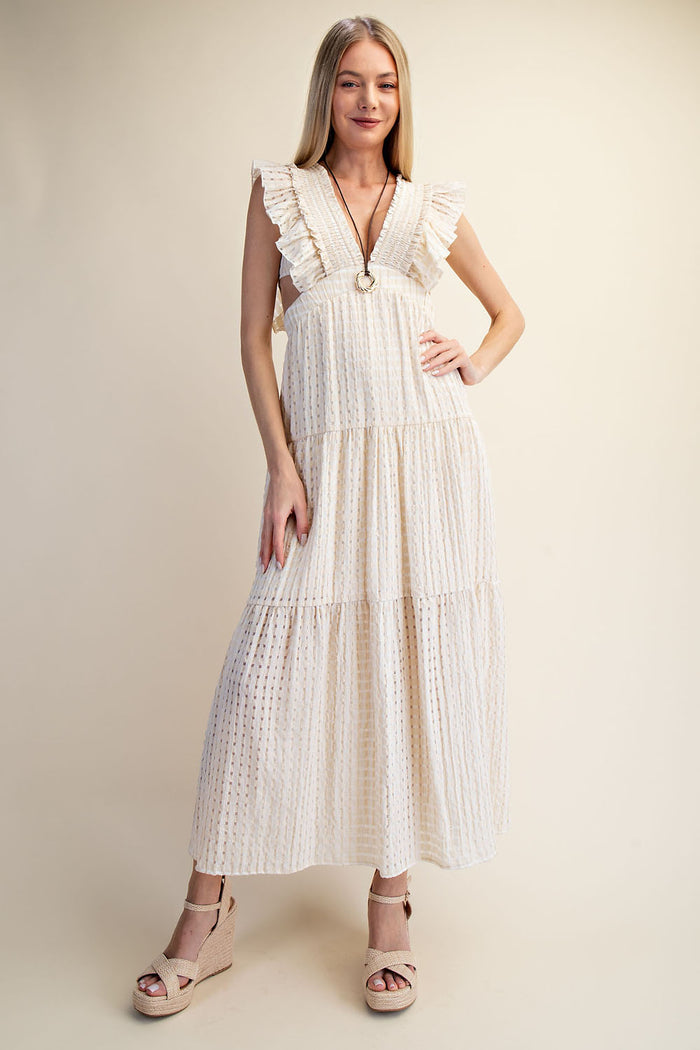 Romantic Textured Ruffle Sleeve Cut-Out Maxi Dress