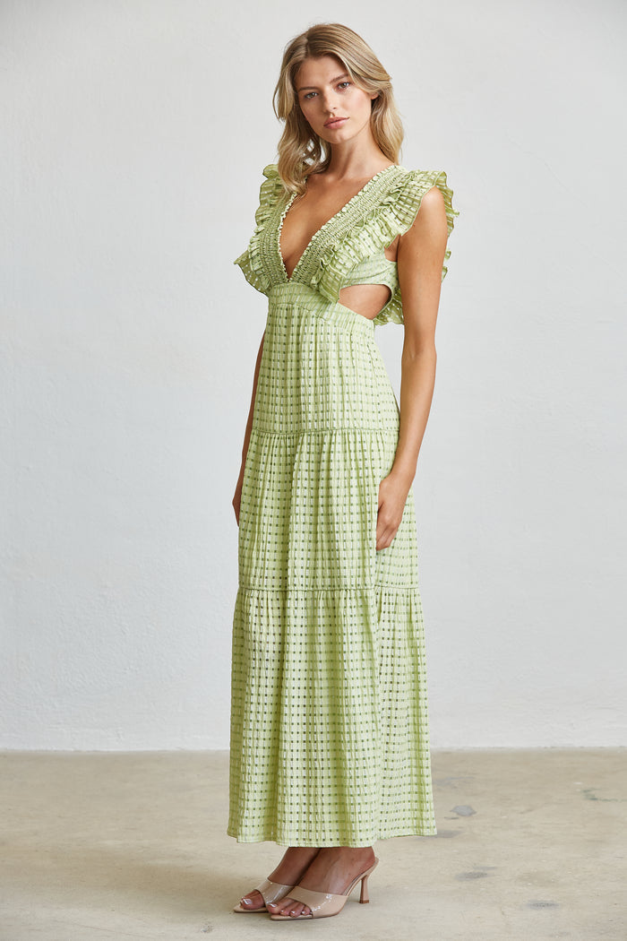 Romantic Textured Ruffle Sleeve Cut-Out Maxi Dress