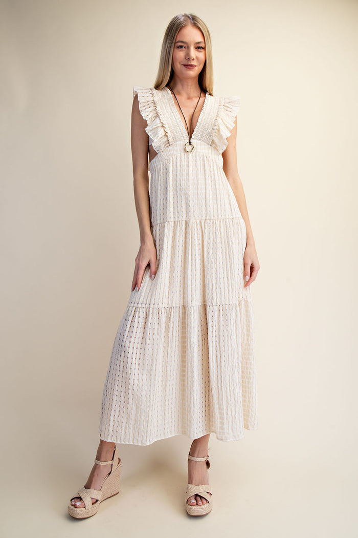 Romantic Textured Ruffle Sleeve Cut-Out Maxi Dress