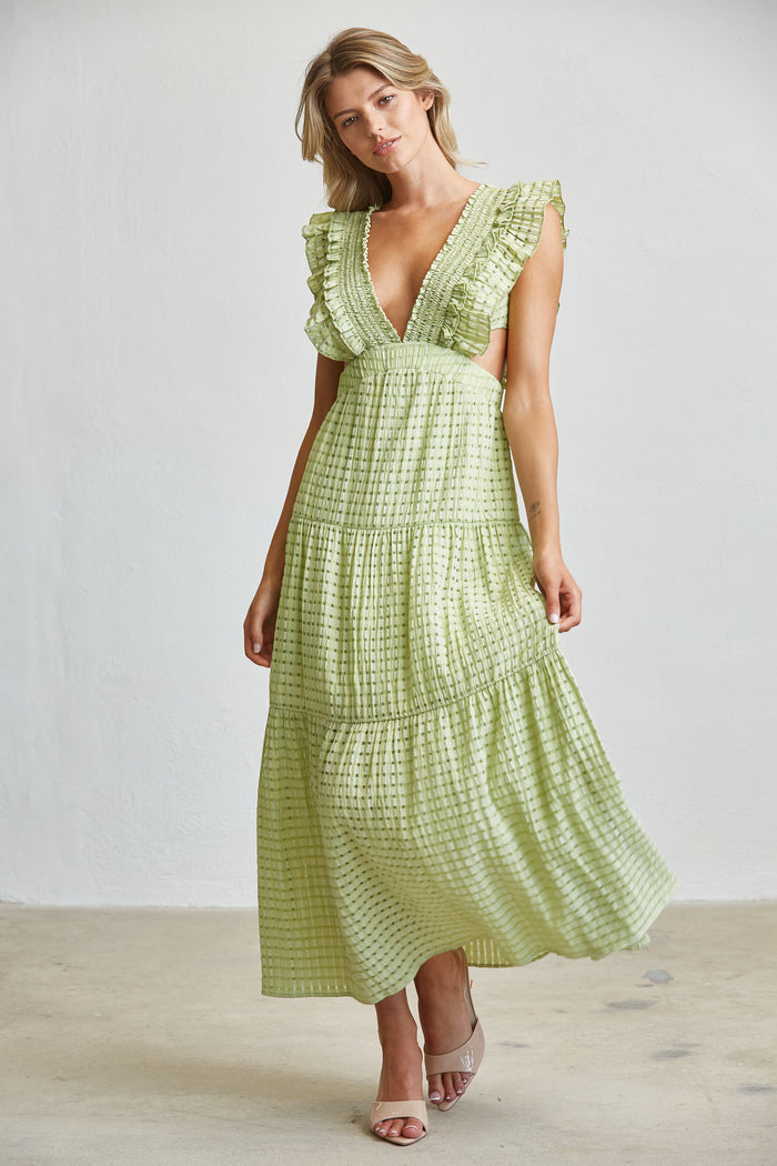Romantic Textured Ruffle Sleeve Cut-Out Maxi Dress
