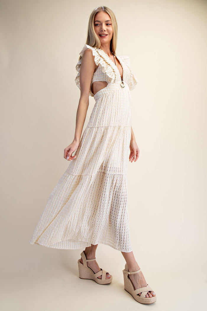 Romantic Textured Ruffle Sleeve Cut-Out Maxi Dress