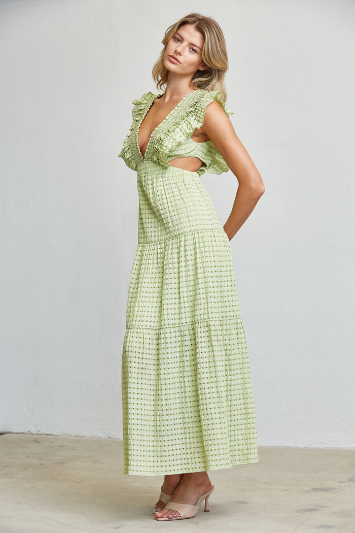 Romantic Textured Ruffle Sleeve Cut-Out Maxi Dress