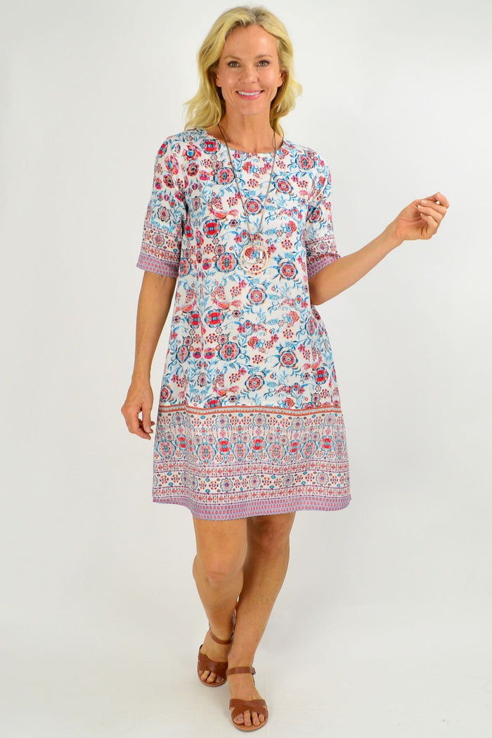 Orientique Ronda Shift Tunic Dress featuring a relaxed fit, vibrant print, and comfortable fabric, perfect for casual wear.