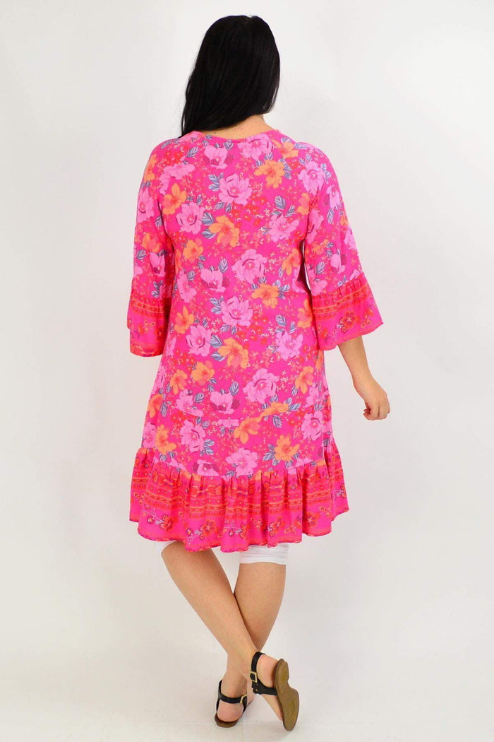 Pink floral Lottie Tier Tunic Dress by Boho Australia, featuring a flowy, layered design and soft rose pink color.