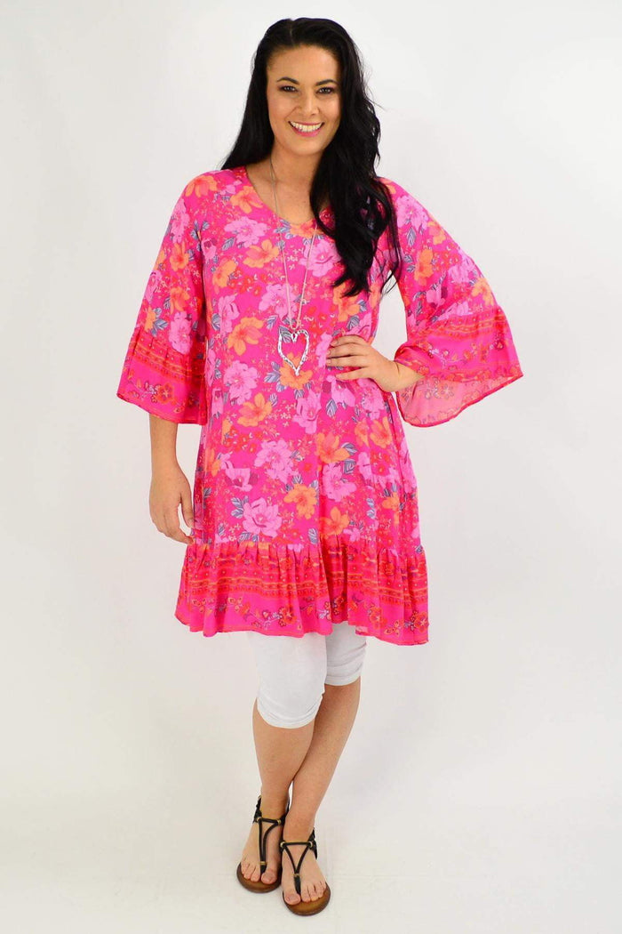 Rose pink Lottie Tier Tunic Dress by Boho Australia featuring floral patterns and a relaxed fit, ideal for casual wear.