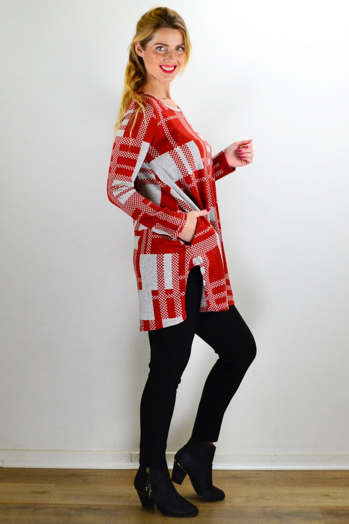 Rust grey knit tunic top by Hourglass, featuring a cozy, textured fabric and a relaxed fit, perfect for casual wear.