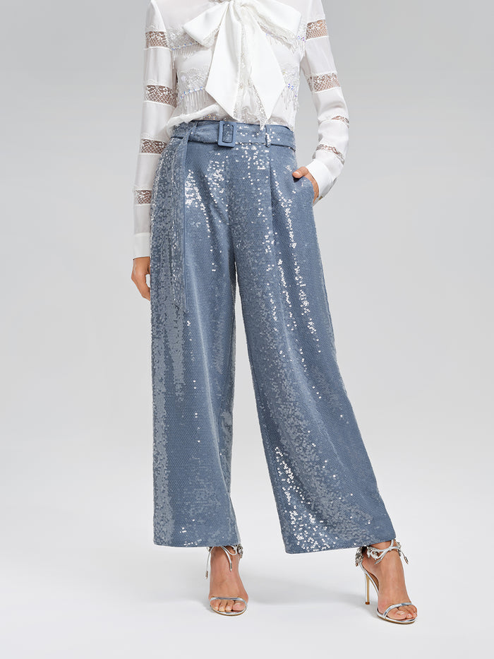 Sequin Belted Wide-Leg Pants