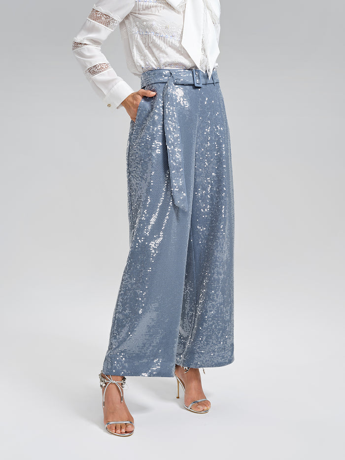 Sequin Belted Wide-Leg Pants