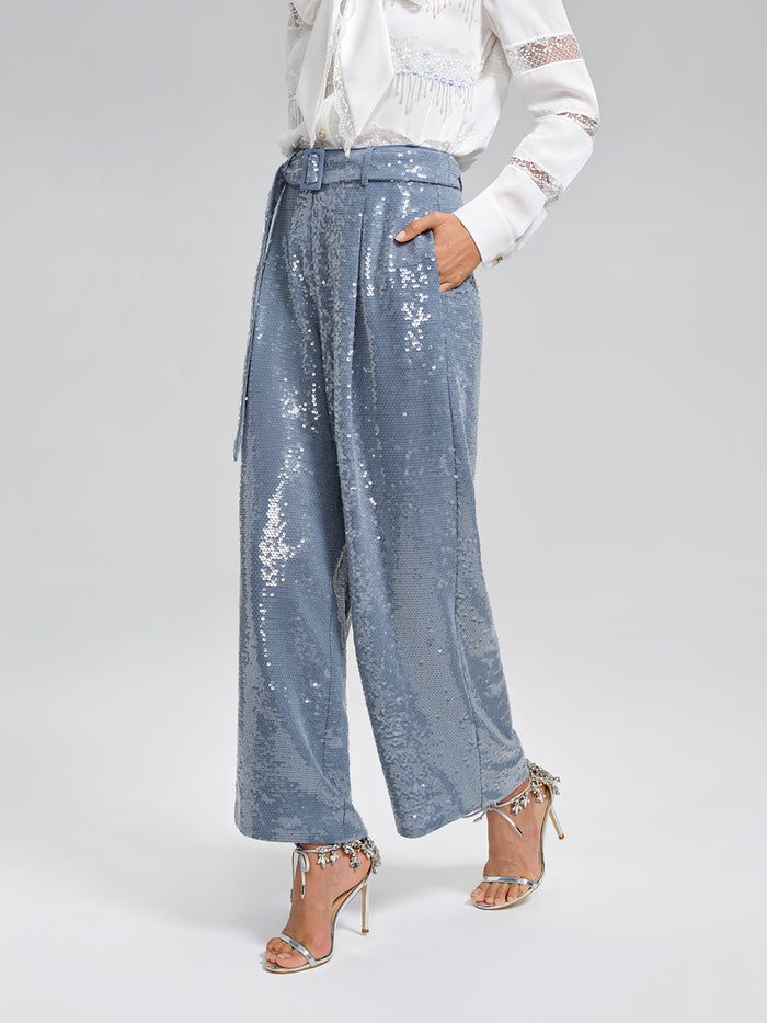 Sequin Belted Wide-Leg Pants