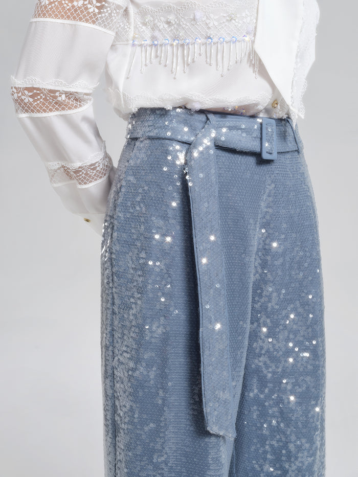 Sequin Belted Wide-Leg Pants