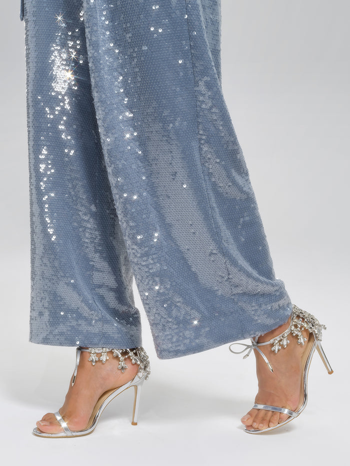 Sequin Belted Wide-Leg Pants