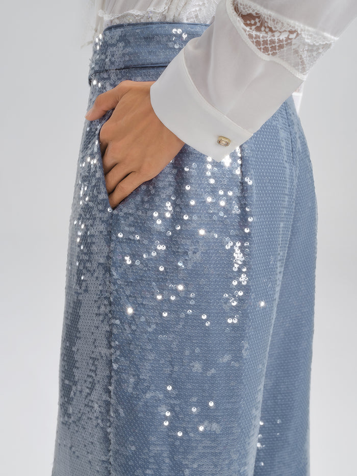 Sequin Belted Wide-Leg Pants