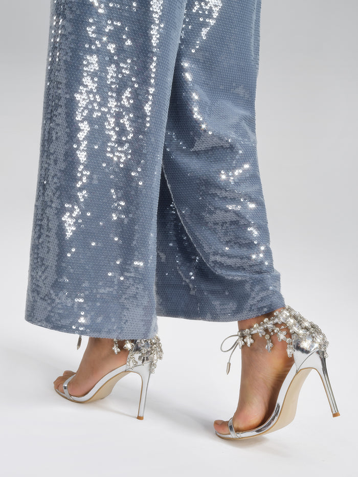 Sequin Belted Wide-Leg Pants