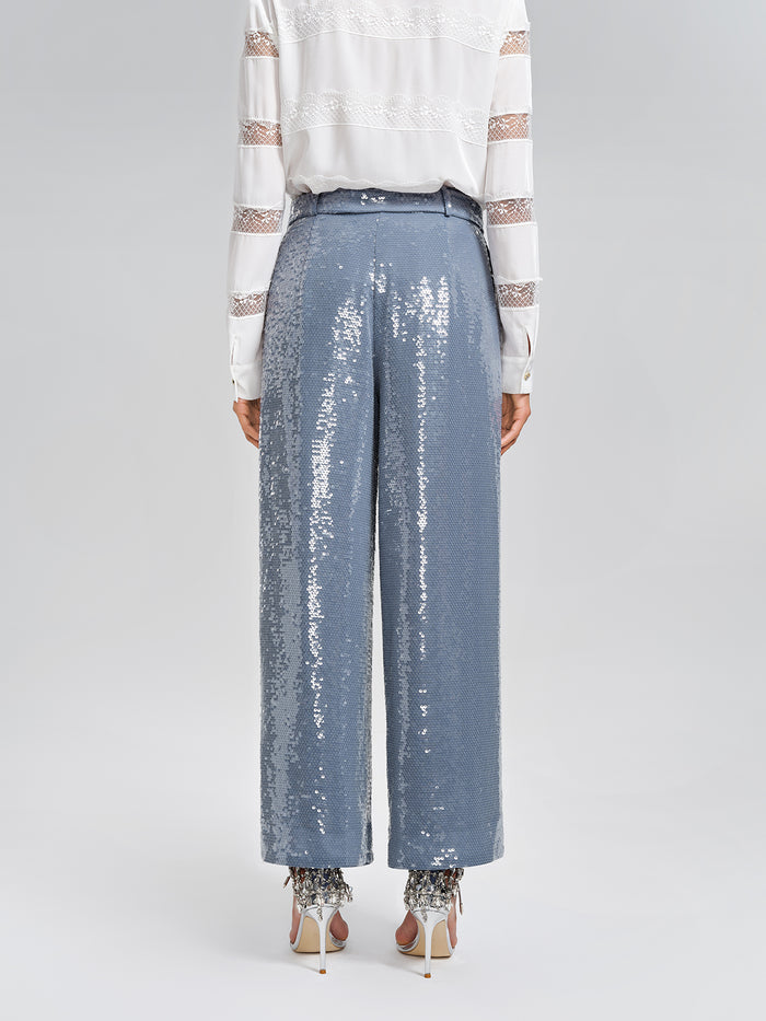 Sequin Belted Wide-Leg Pants